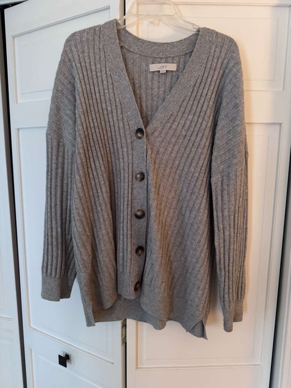 LOFT Heather Gray Ribbed V-Neck Button Cardigan
